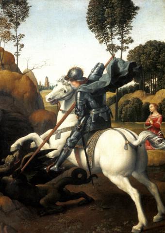 Oil painting by renaissance painter Raphael 1504-1506 showing St. George mounted on a white horse slaying the dragon and saving the princess