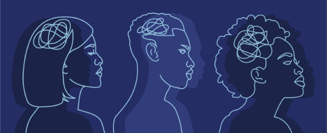 Dark blue outlined side profile illustration of an Asian woman, Black man, and an Afro Latine woman.