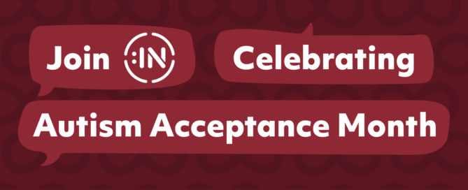 Simple geometric design with red background and red speech bubbles that reads Join IN Celebrating Autism Acceptance Month. In the background is a repeating pattern of infinity symbols, a recognized symbol for autism.