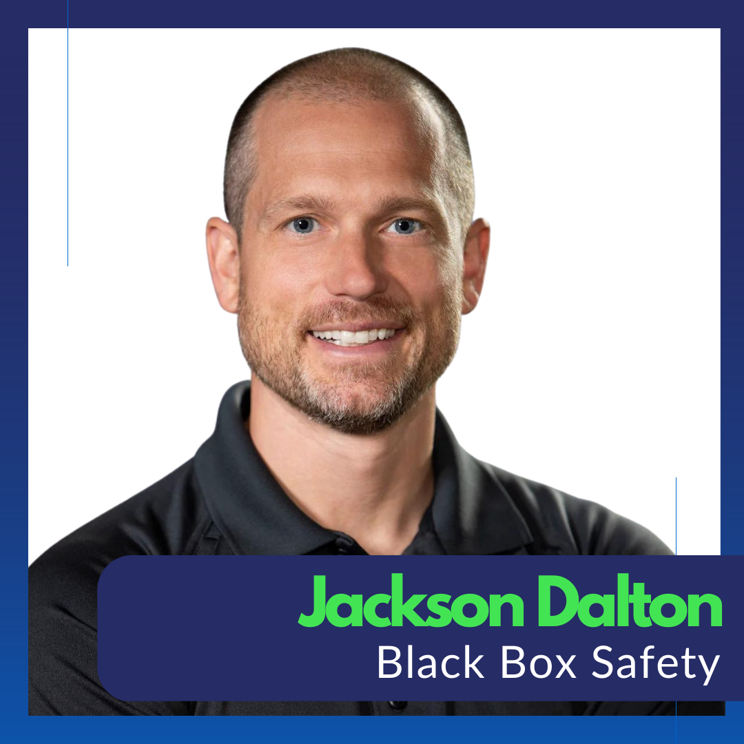 Jackson smiles in front of a white background. Below, text reads: Jackson Dalton, Black Box Safety