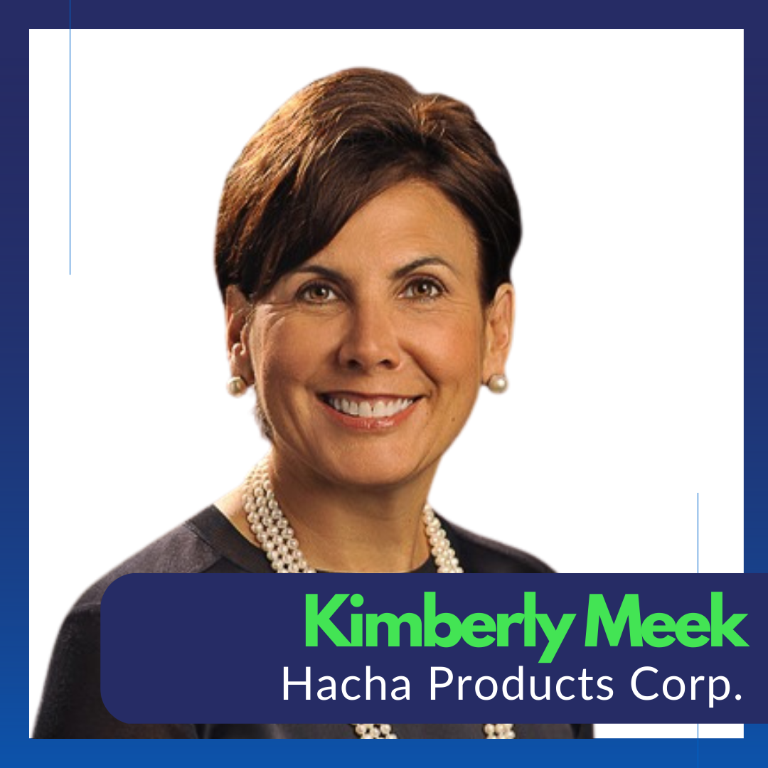 Kim smiles in front of a white background. Below, text reads: Kimberly Meek, Hacha Products Corp.