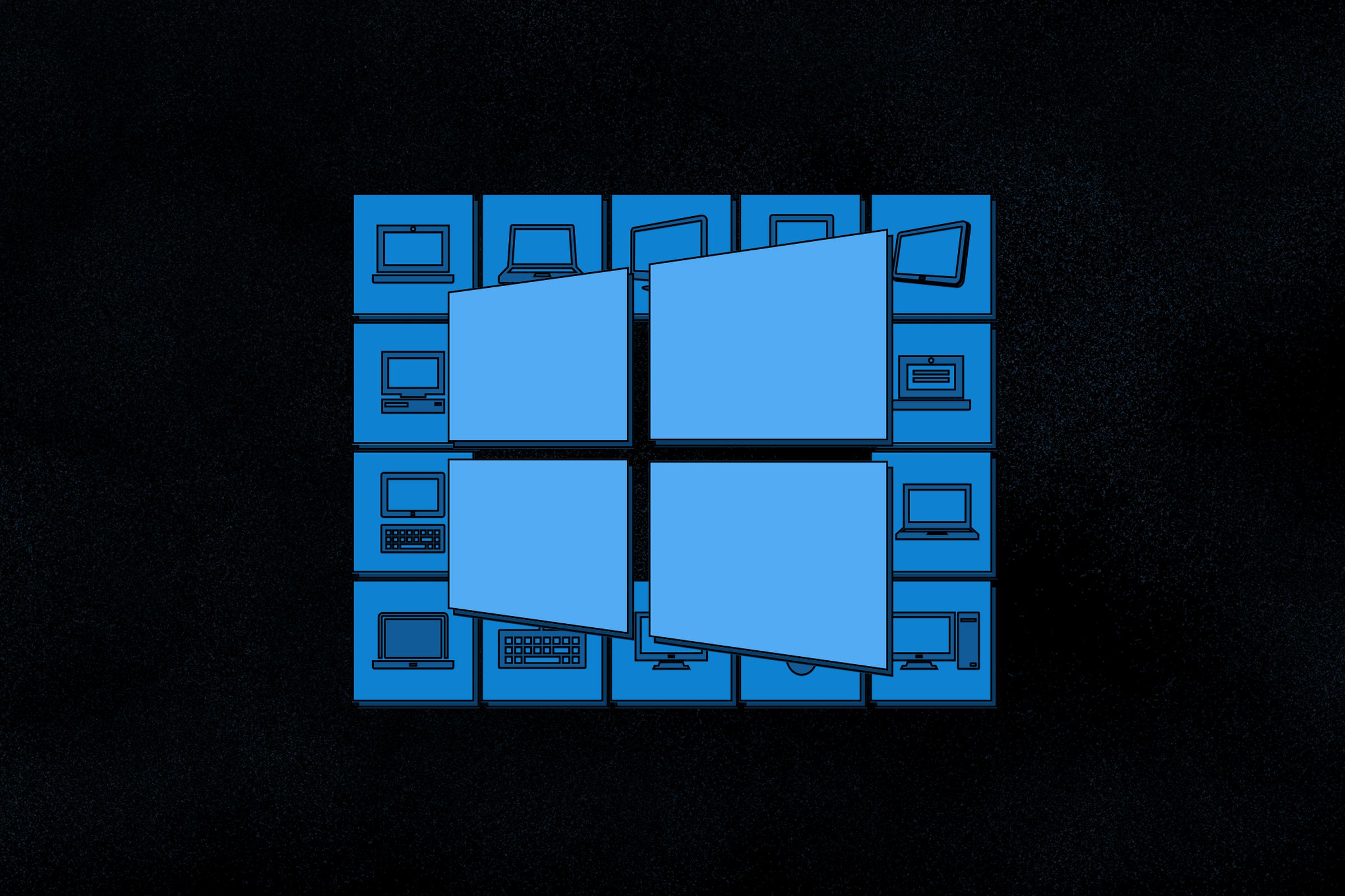 A picture of the Windows logo on a background of squares with various glyphs that look like computers.