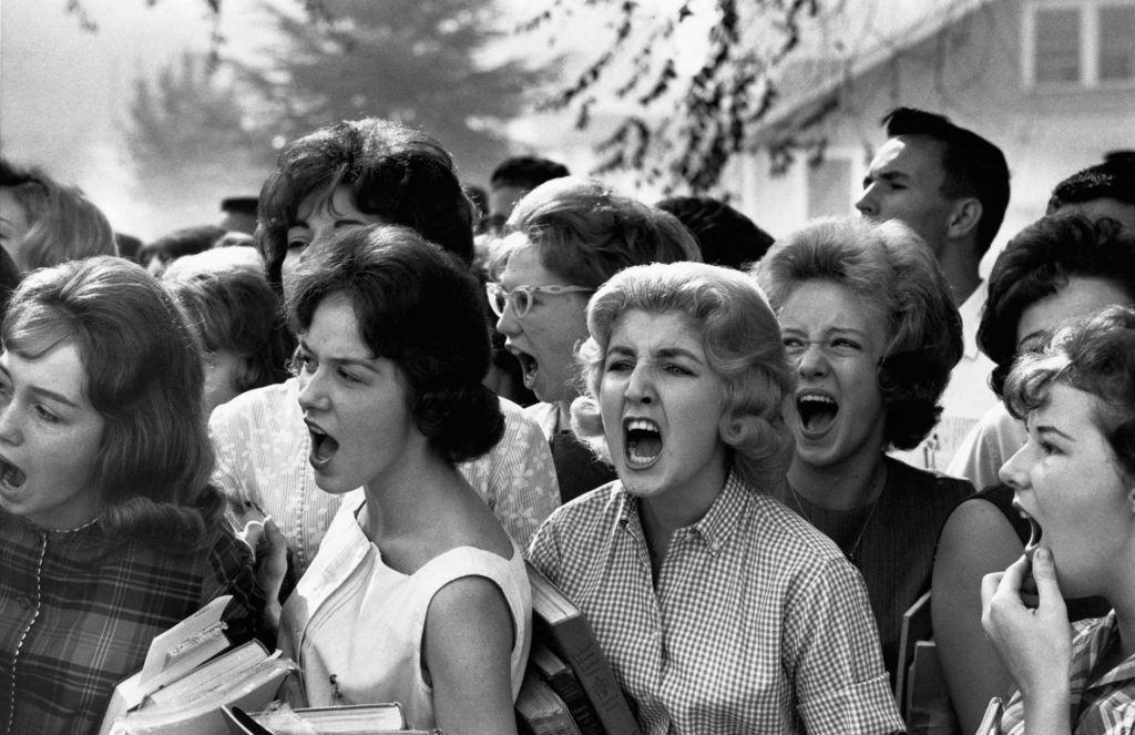 A group of teenage girls scream obscenities at Black students entering their high school in Montgomery, Alabama