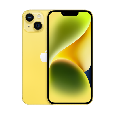 Se muestra la parte frontal y trasera de un iPhone 14 amarillo
