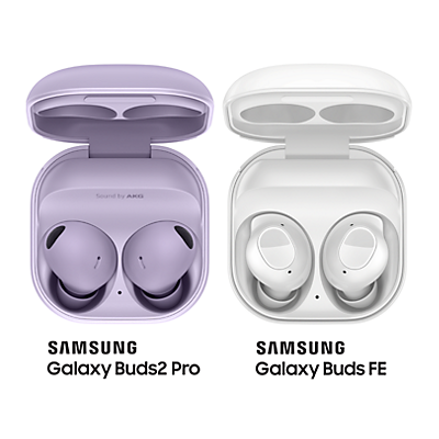 Galaxy Buds2 Pro in lavender and Galaxy Buds FE in white