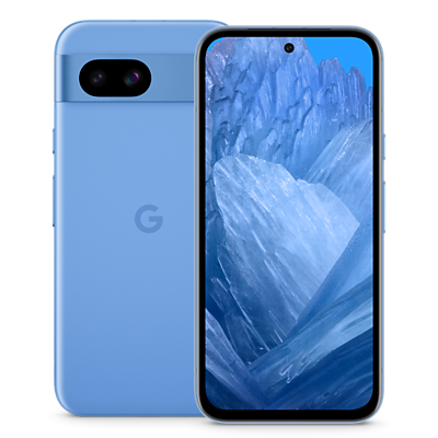 Vista frontal y posterior de Google Pixel 8a azul.