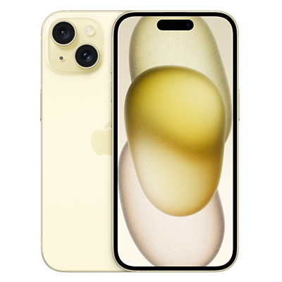 Se muestra vista frontal y posterior de un iPhone 15 dorado.