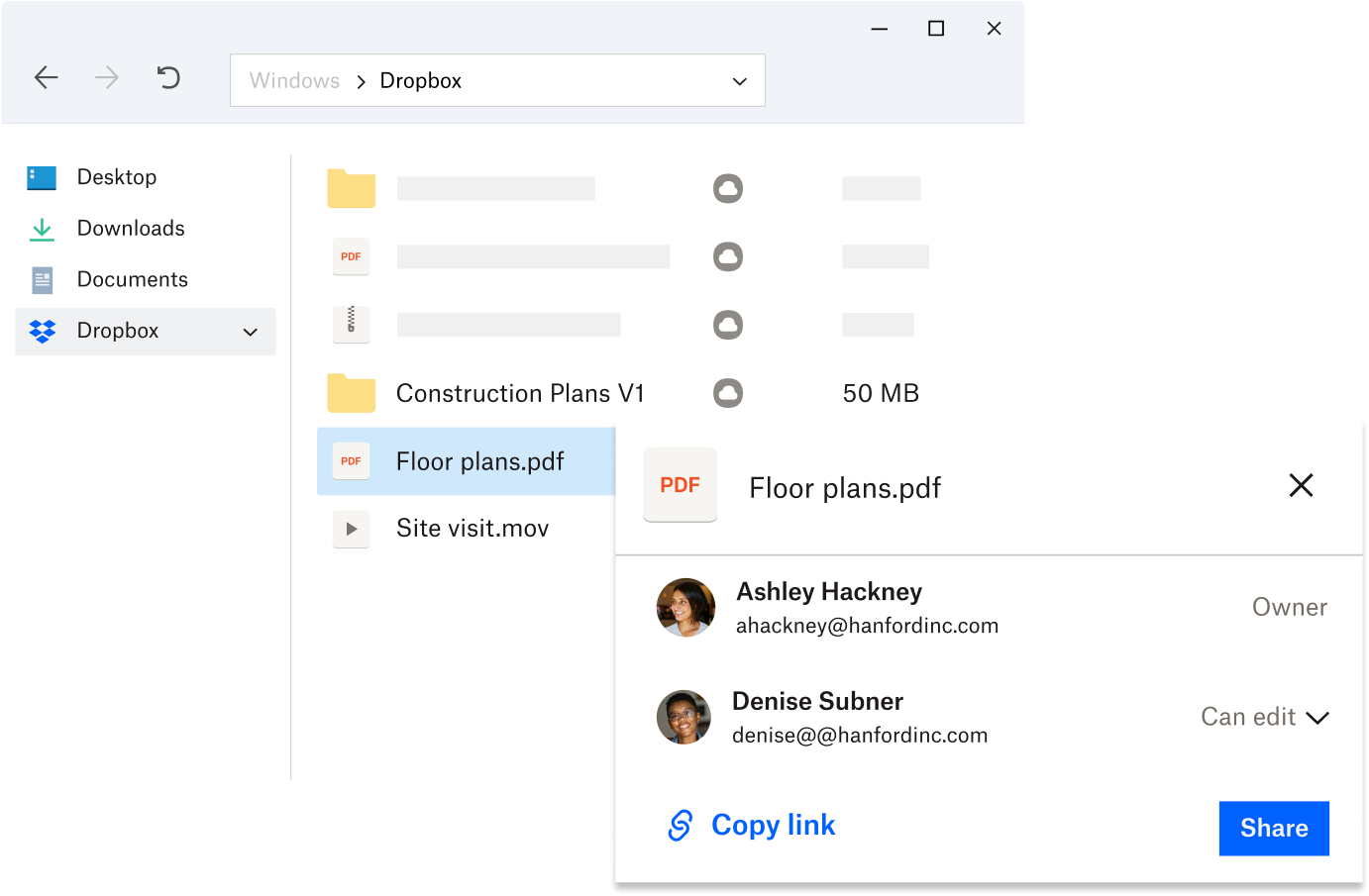 A user’s Dropbox folder shown on their mobile phone, their desktop, and on the web. There are arrows between each of them indicating that the surfaces sync together.