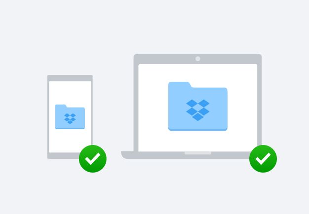 A laptop and mobile device with folder icons and green check marks