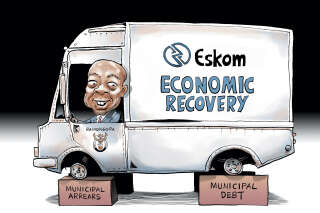  Sur le camion : Eskom [compagnie
publique d’électricité sud-africaine] ; Reprise économique. Sur les blocs : Impayés ; Dette publique.

