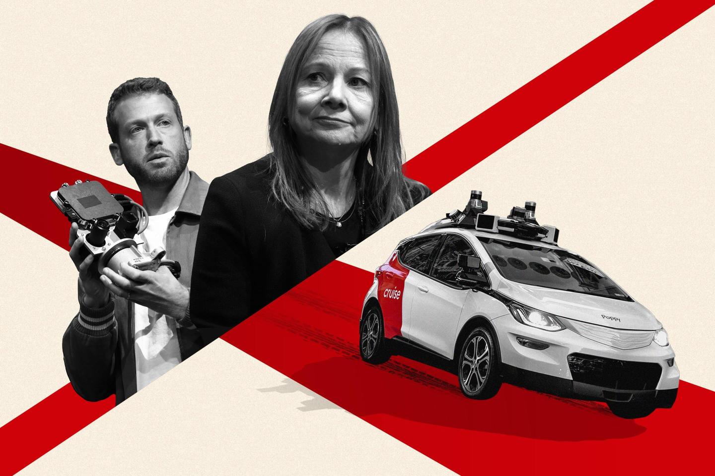 Photo illustration of Cruise co-founder Kyle Vogt, GM CEO Mary Barra, and a cruise car.