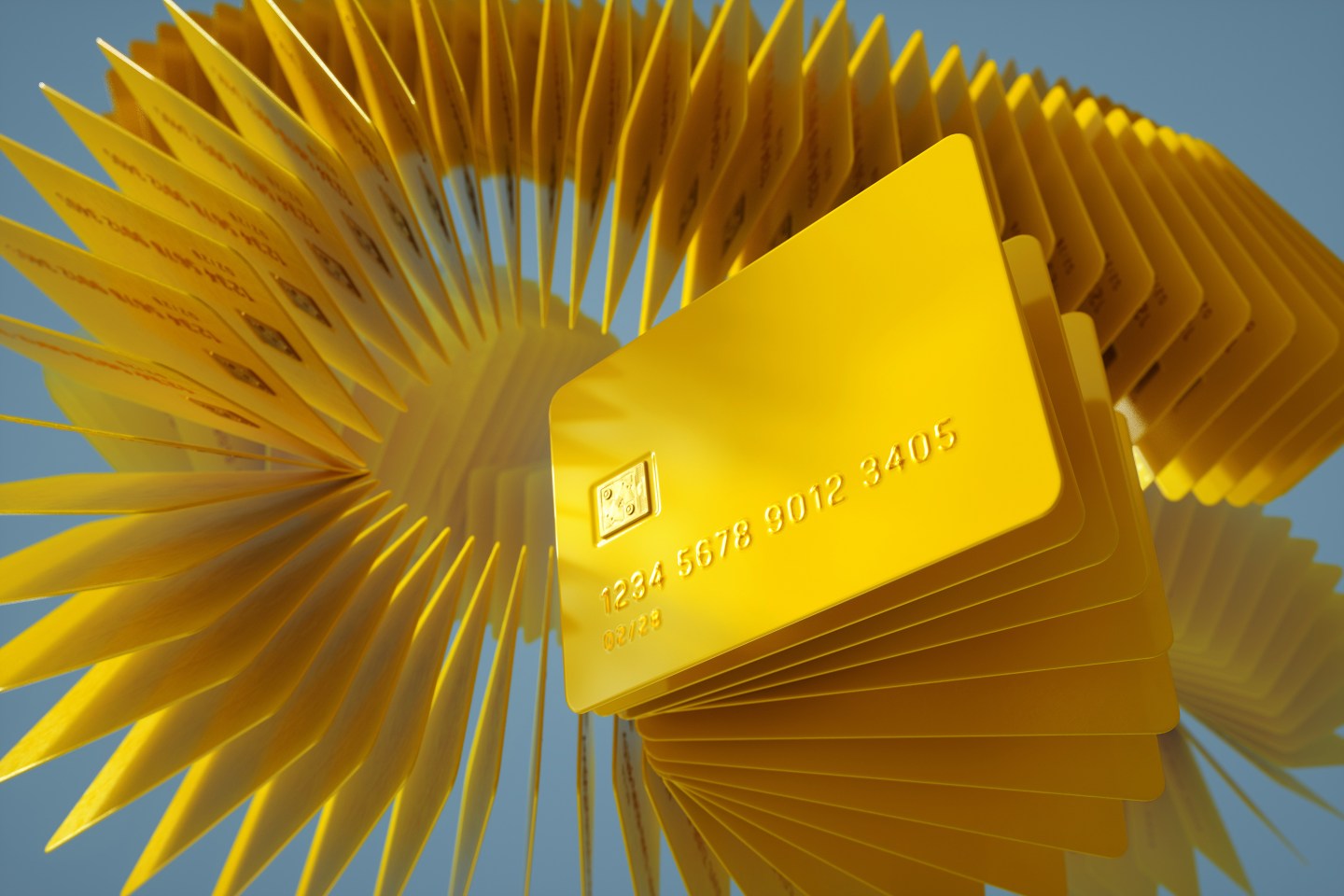 Digital generated image of multiple numbers of yellow credit cards stacking across the frame.