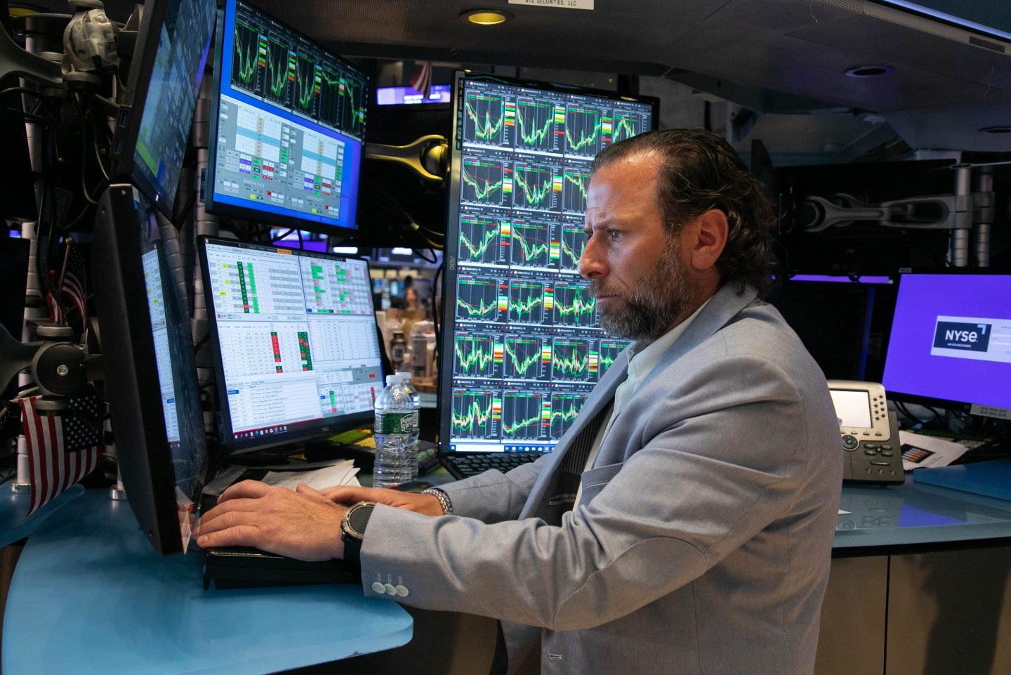 A trader works on the floor of the New York Stock Exchange in New York, the United States, on May 3, 2024. U.S. stocks ended higher on Friday. The Dow Jones Industrial Average rose 450.02 points, or 1.18 percent, to 38,675.68. The S&amp;P 500 added 63.59 points, or 1.26 percent, to 5,127.79. The Nasdaq Composite Index increased by 315.37 points, or 1.99 percent, to 16,156.33. (Photo by Michael Nagle/Xinhua via Getty Images)