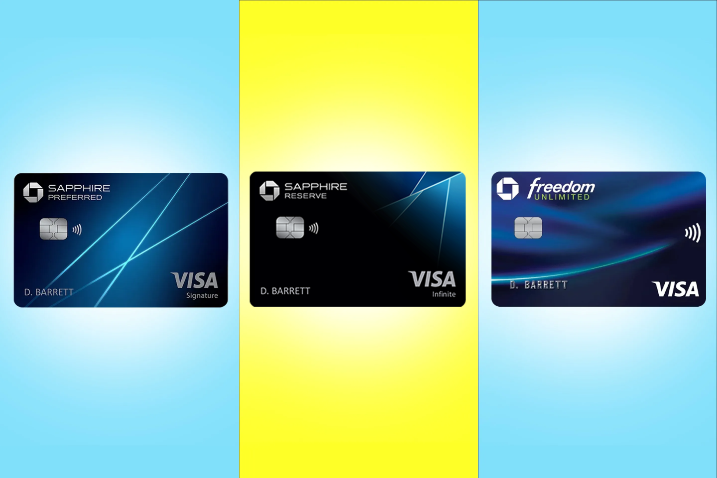 Photo of three credit cards in 3 different columns. Chase Sapphire Preferred with a teal background, Sapphire Reserve with a yellow background and Freedom Freedom Unlimited Credit Card with a teal background.