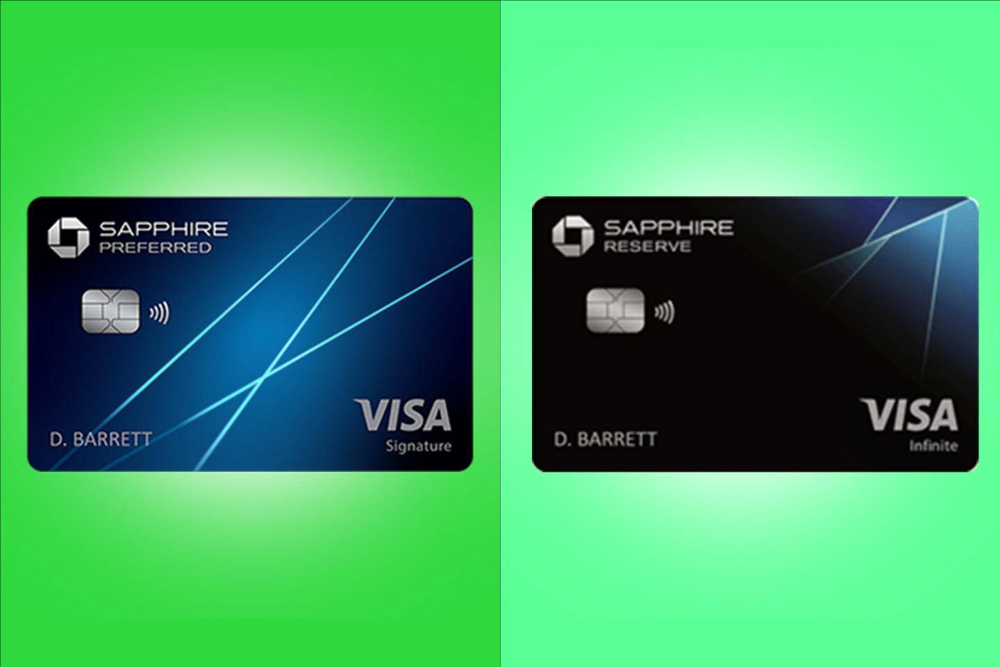 Photo of Chase Sapphire Reserve credit card and Sapphire Preferred credit card on a green background