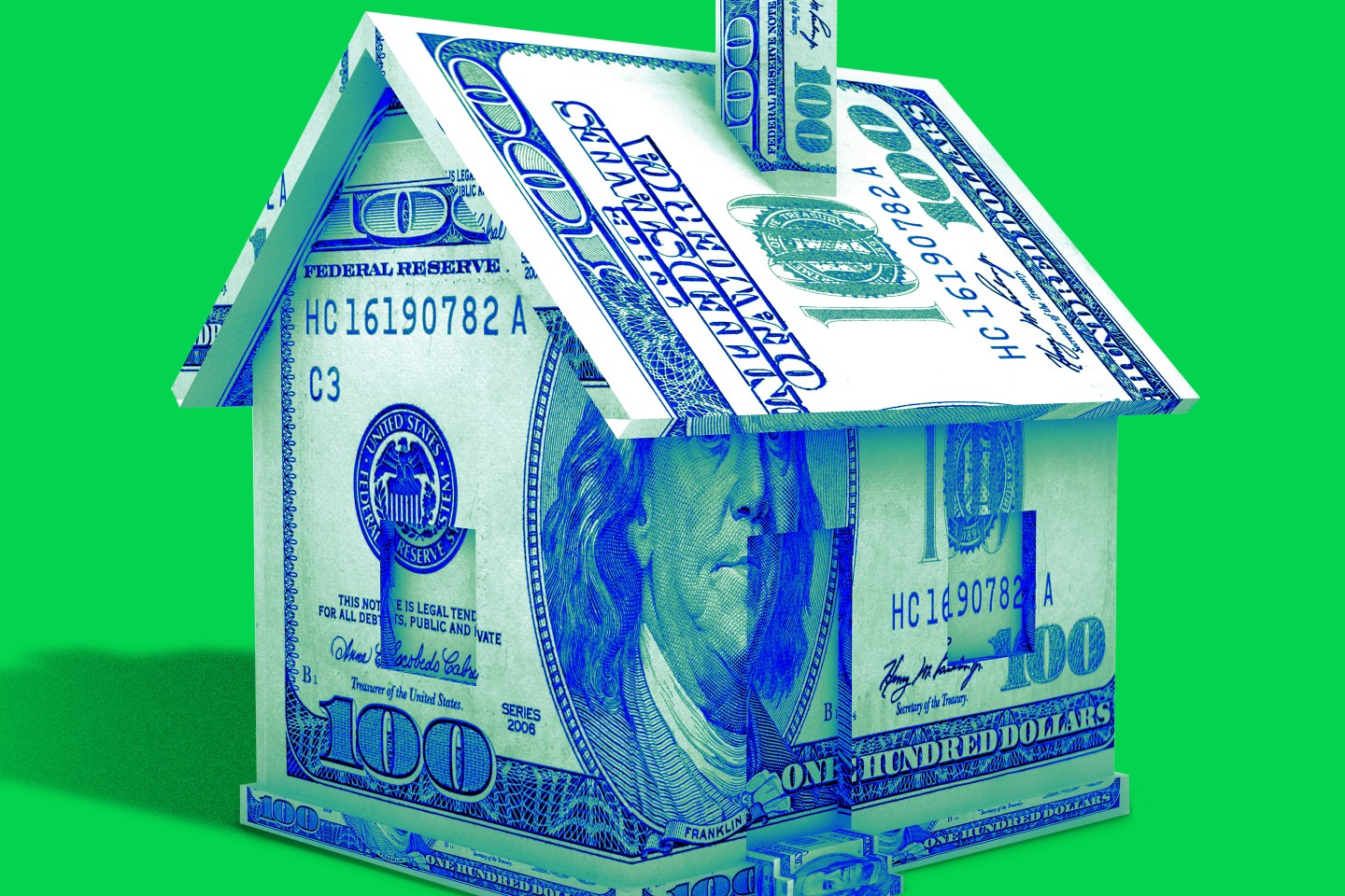 Photo illustration of a green and blue house made out of $100 bills.