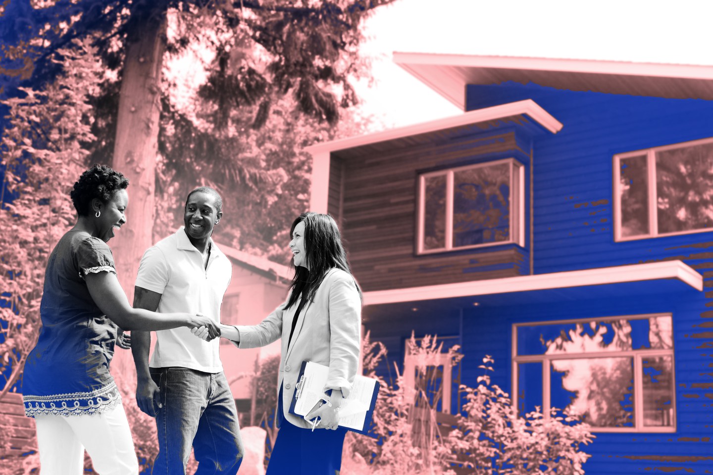Photo illustration of a couple meeting a real estate agent outside of a large modern home.