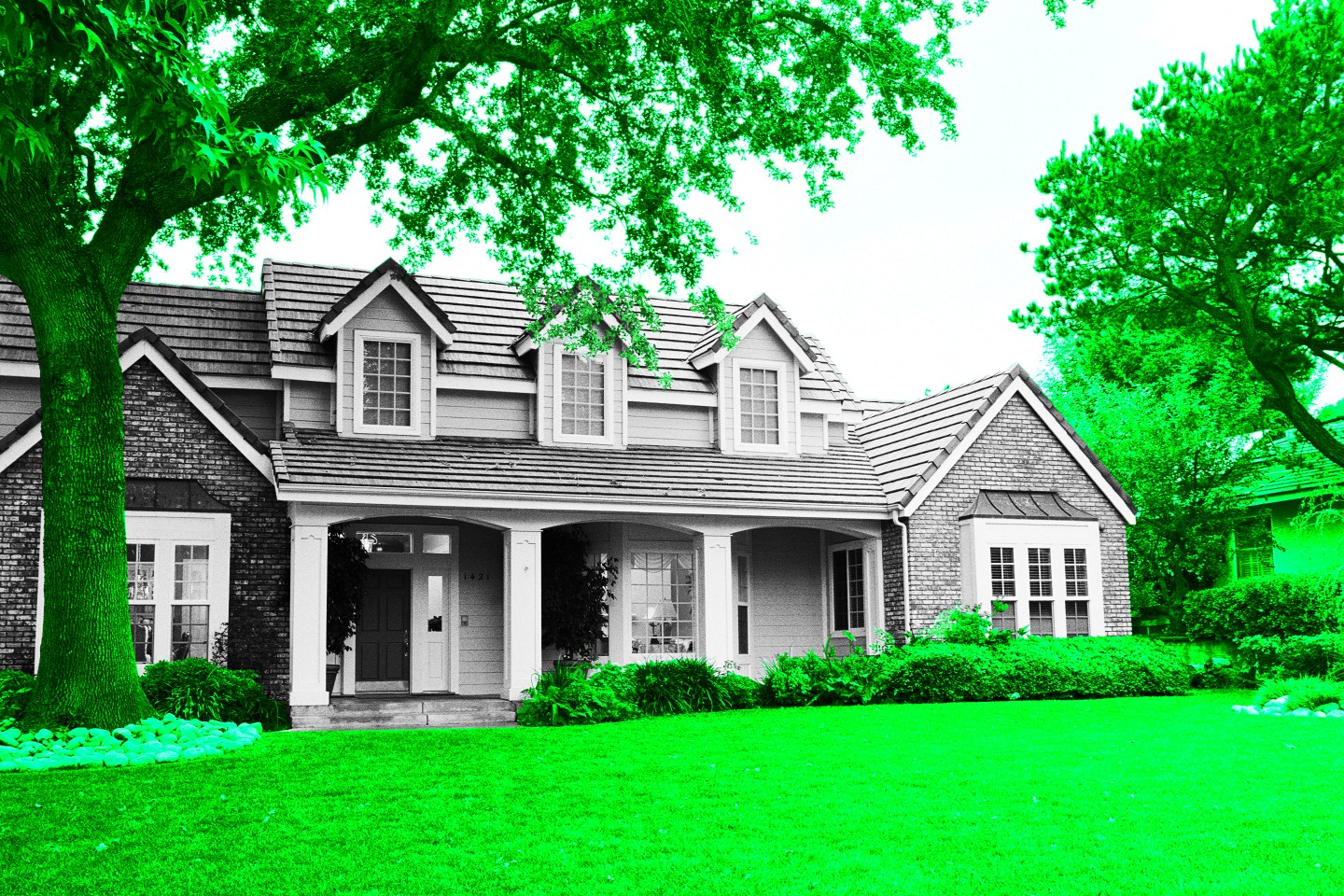 Photo illustration of a home surrounded by a bright green yard and trees.