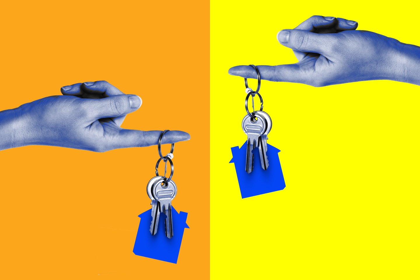 Photo illustration of two hands with a set of house keys being held by the index finger, one over an orange background and the other over yellow.