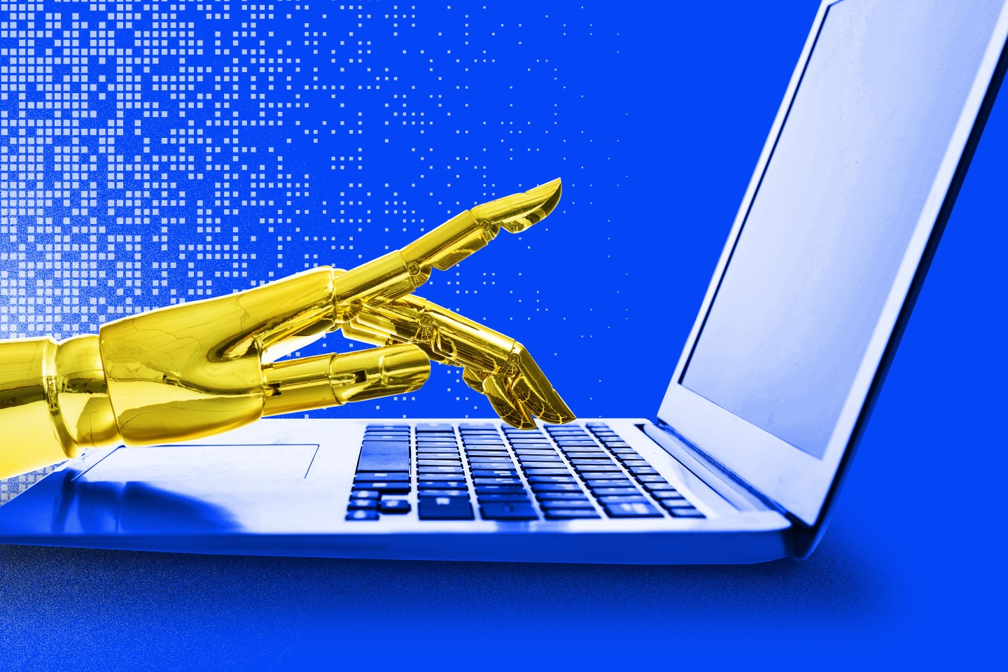 Photo illustration of a gold robotic hand typing on an open laptop.