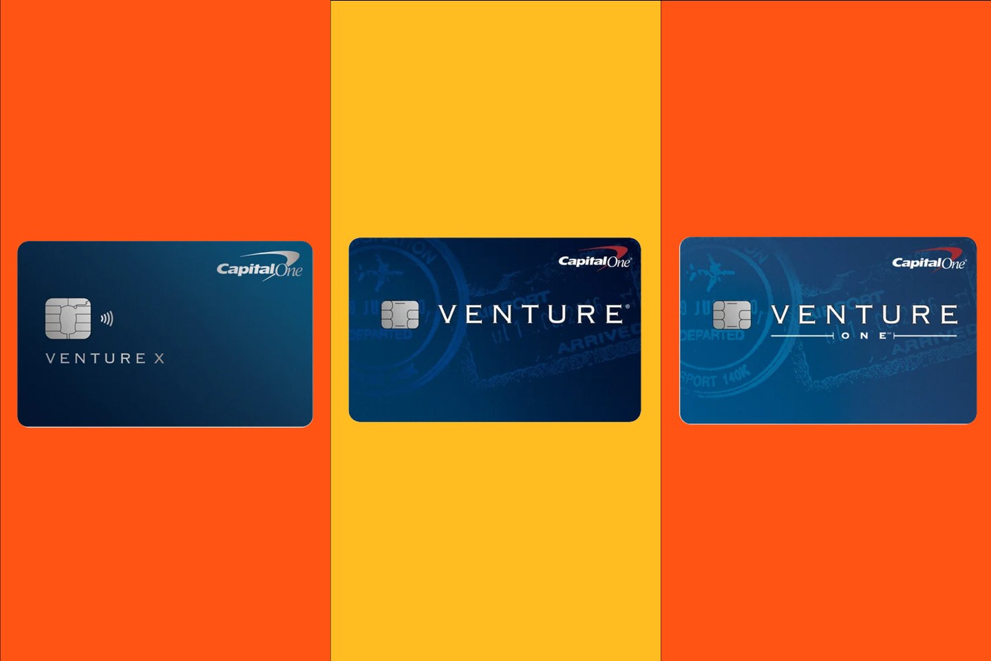 Photo of three credit cards in 3 different columns. Capital One Venture X with a bright orange background, Capital One Venture with a light orange background and Capital One venture One Credit Card with a bright orange background