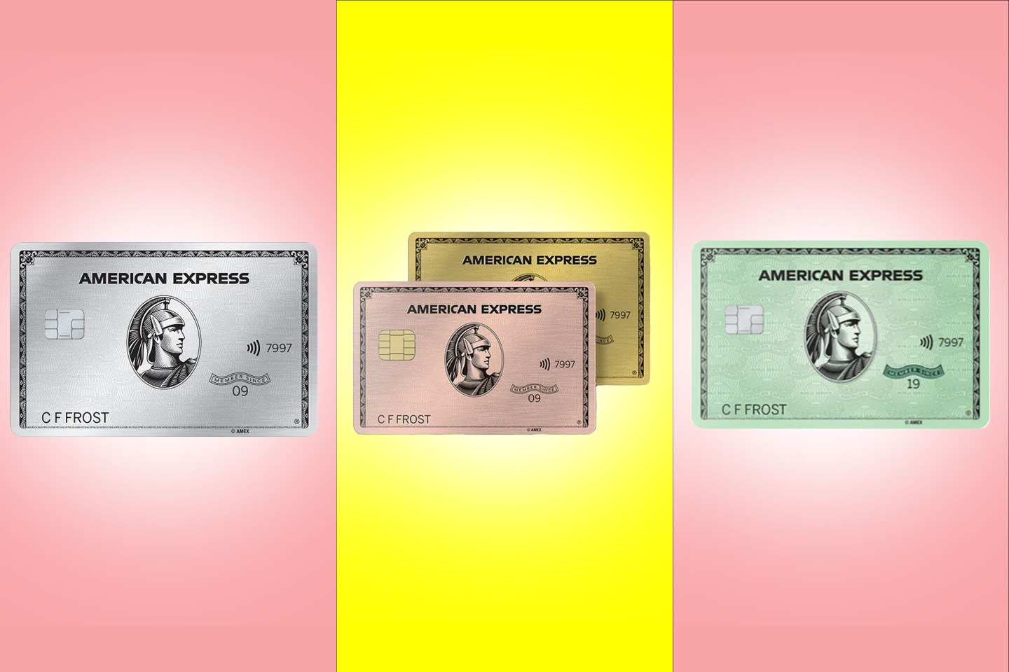 Photo of three credit cards in 3 different columns. Amex Platinum credit card on a pink background, Amex Gold credit card on a yellow background and Amex Green Credit Card on a pink background