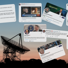 A collage of Gettr posts against a backdrop of a radiotelescope at dusk