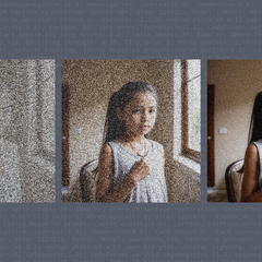 three synthetically generated images of the same child, each less blurry than the previous, on a blue background showing the image code.