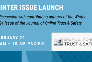 graphic with black and white text and the journal of online trust and safety logo on top of a blue background