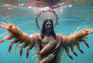 image of Jesus under water, his arms and torso made of shrimps