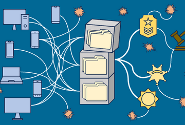 graphic represntations of computers and phones connected to tettering boxes of files and then connected to law enforcement in a complex web on a blue background.