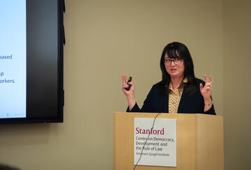 Lisa Blaydes presents during a CDDRL research seminar on April 4, 2024.