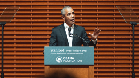 Barack Obama delivers the keynote address at the symposium, "Challenges to Democracy in the Digitial Information Realm," co-hosted by the Stanford Cyber Policy Center and the Obama Foundation. (April 21, 2022)