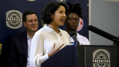 Lina Hidalgo speaks at a community event in Houston, Texas