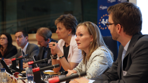 Marietje Schaake participates in a panel on human rights and communication technologies as a member of the European Parliament in April 2012.