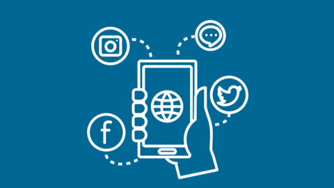 social media icons showing on an illustration of a hand holding a phone
