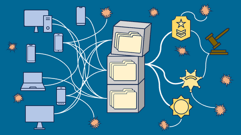 graphic represntations of computers and phones connected to tettering boxes of files and then connected to law enforcement in a complex web on a blue background.
