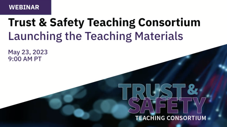 trust and safety teaching consortium text on blue and white abstract background