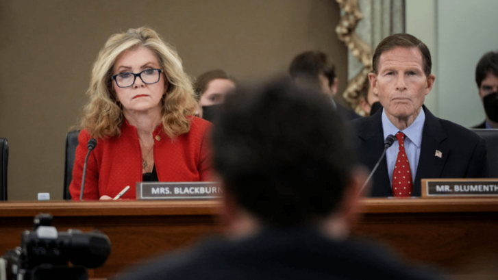 Instagram Head Adam Mosseri Testifies Before US Senate Commerce Committee Sens. Marsha Blackburn (R-TN) and Richard Blumenthal (D-CT), December 8, 2021. Drew Angerer/Getty Images