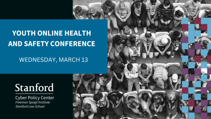 black and white picture of students seated in rows, shot from above. text overlay reads youth online health and safety conference wednesday march 13