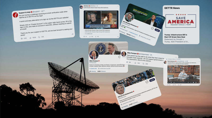 A collage of Gettr posts against a backdrop of a radiotelescope at dusk