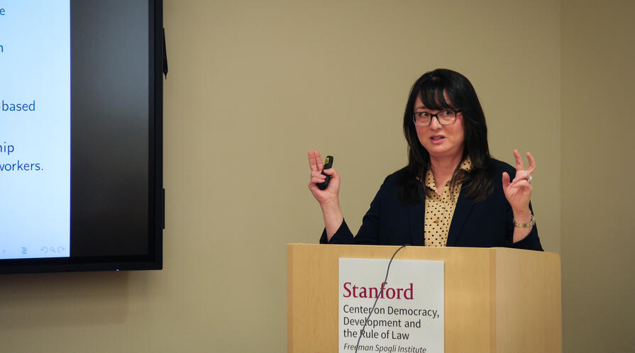 Lisa Blaydes presents during a CDDRL research seminar on April 4, 2024.