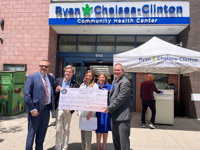 State Senator Brad Hoylman-Sigal (second from left) stands with representatives from Ryan Health at Ryan Chelsea-Clinton location on May 31.