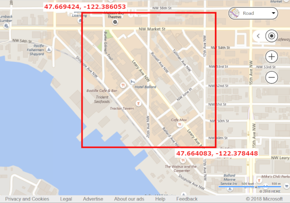 Screenshot of a map of Seattle, Washington with a highlighted perimeter of the 47.669424, -122.386053 coordinates.