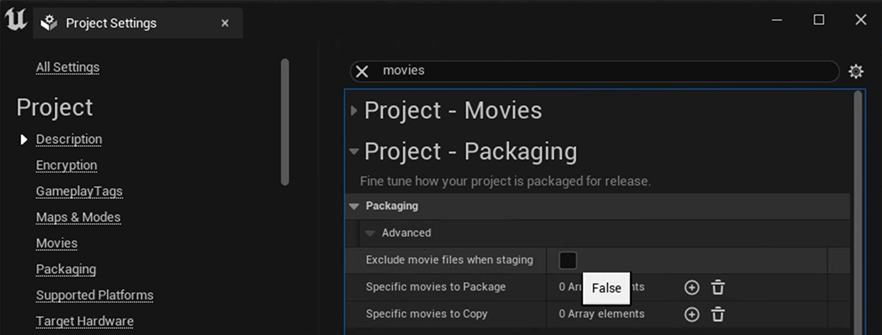 Project Settings for movie files