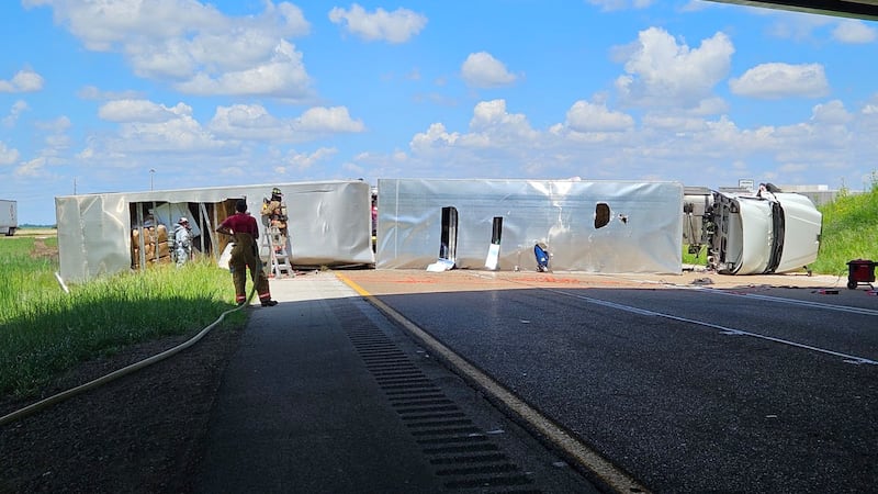 A truck overturned on I-55 near Litchfield Saturday, causing the highway to shut down.