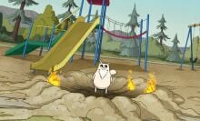 An animated image of a house cat standing in a playground.