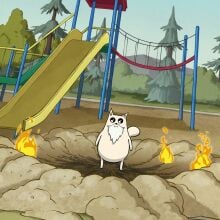 An animated image of a house cat standing in a playground.