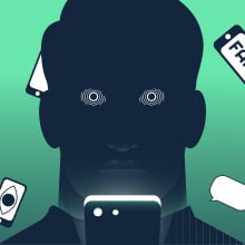 An illustration shows the silhouette of a man hypnotised by his phone. Around him, the background is full of smartphones with bright screens reading FAKE, thumbs up and heart reactions, chat and email inboxes.