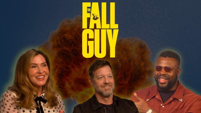 Kelly McCormick, David Leitch, and Winston Duke smile against a 'The Fall Guy' backdrop